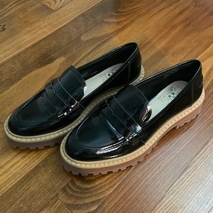 Black patent platform loafers